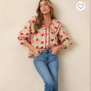 Entro Peter Pan Collar Floral Red and Blouse Size Small Gold Buttons